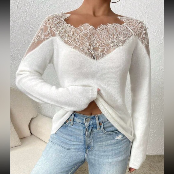 Cozy Sheer Mesh Eyelash Lace Pearls Sweater Top - Picture 4 of 7